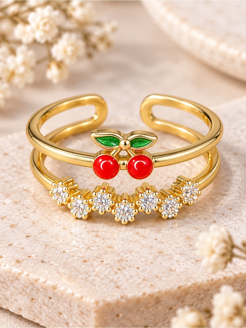 🍒 Cherry Enamel Adjustable Gold Tone Ring w/ Rhinestone Stack Band 🍒